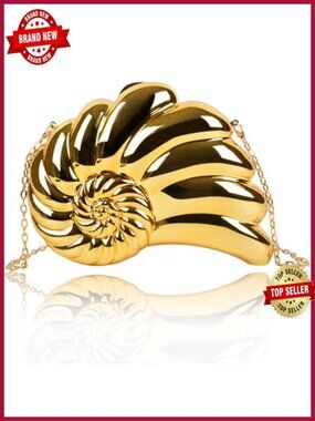 Gold Evening Clutch with Detachable Chain, Acrylic Metal Conch Handbag, Formal